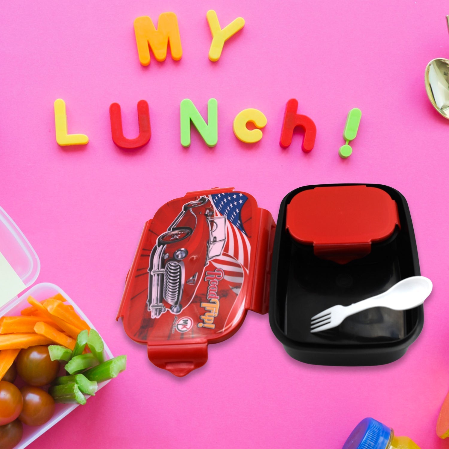 Beautiful Car Design Printed Plastic Lunch Box With Inside Small Box & Spoon for Kids, Air Tight Lunch Tiffin Box for Girls Boys, Food Container, Specially Designed for School Going Boys and Girls Beautiful Car Design Printed Plastic Lunch Box With Inside Small Box & Spoon for Kids, Air Tight Lunch Tiffin Box for Girls Boys, Food Container, Specially Designed for School Going Boys and Girls